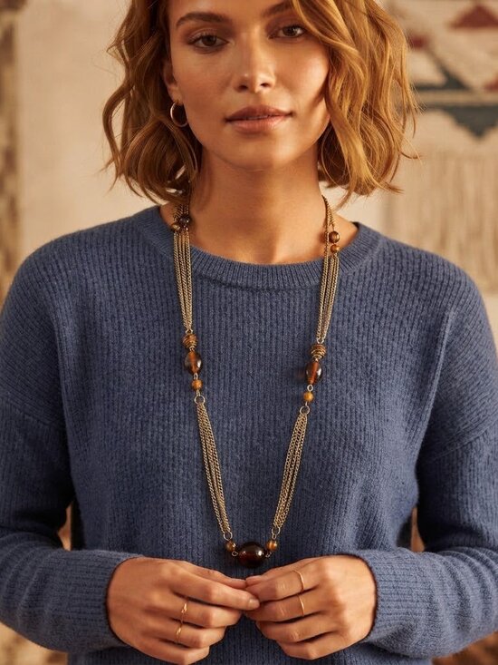 Great Northwest Indigo Jewelry - Indigo Long Chain Fashion Necklace Gold Tone Brown Beaded 32 inches NEW